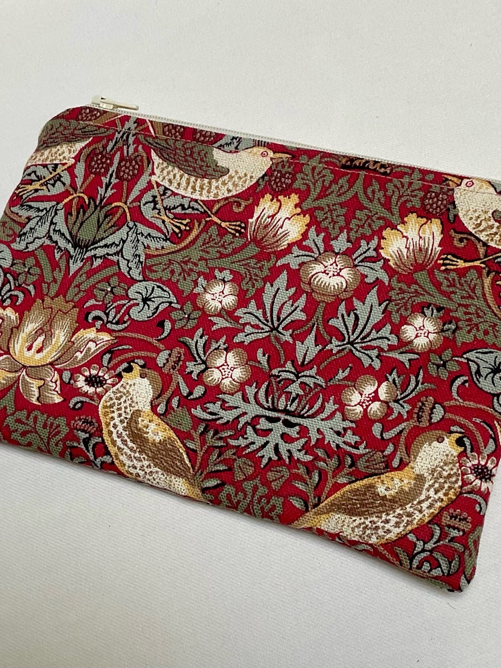 Handmade William Morris Red Floral Bird Print fabric Zipper Pouch